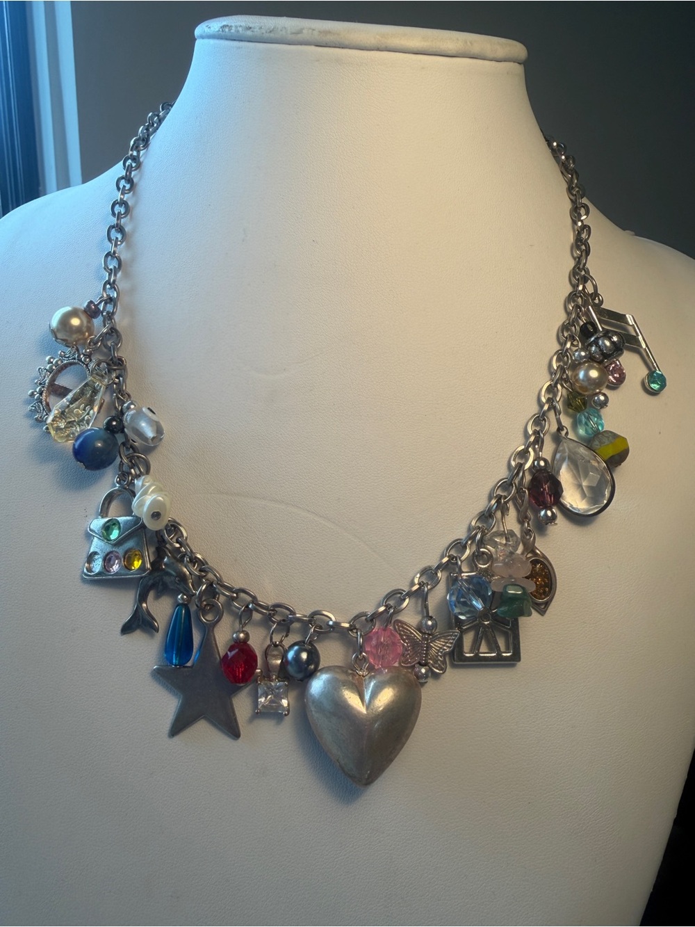Silver Toned Charm Necklace with Multicolor Beads